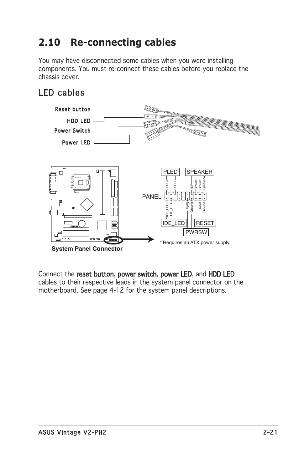 10 re-connecting cables, Led cables, 21 asus vintage v2-ph2 | System panel connector, Panel | Asus V2-PH2 User Manual | Page 39 / 102