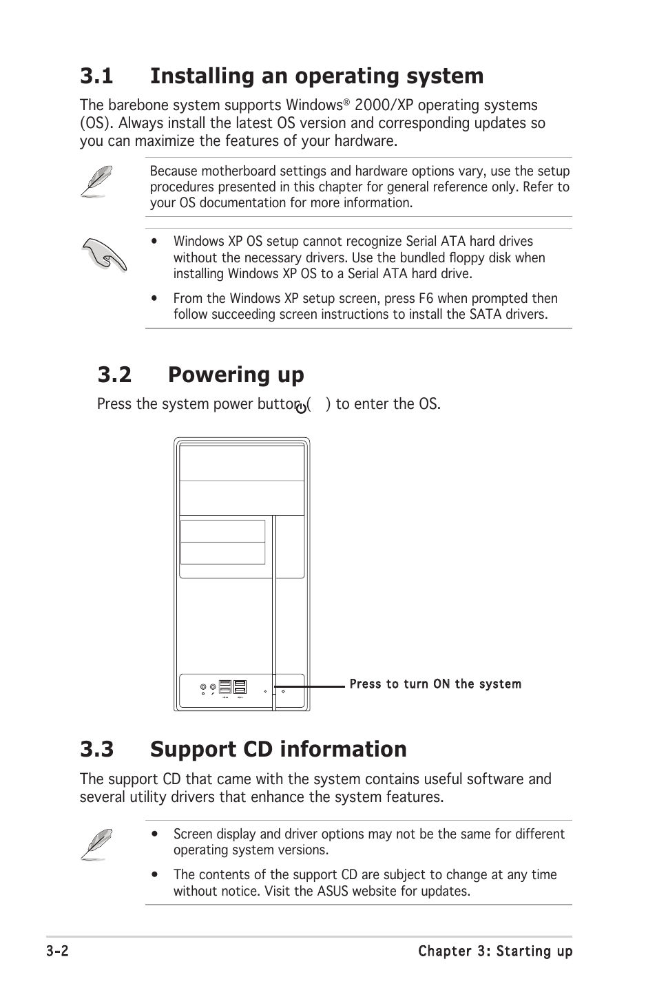 1 installing an operating system, 3 support cd information, 2 powering up | Asus V2-PH2 User Manual | Page 42 / 102