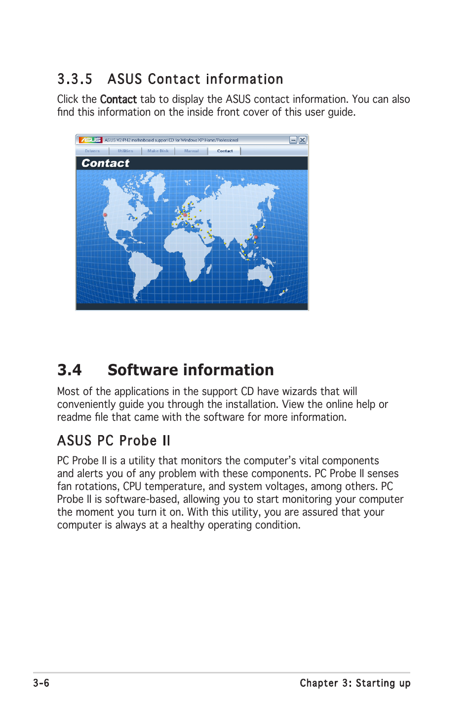 4 software information, 5 asus contact information, Asus pc probe ii | Asus V2-PH2 User Manual | Page 46 / 102