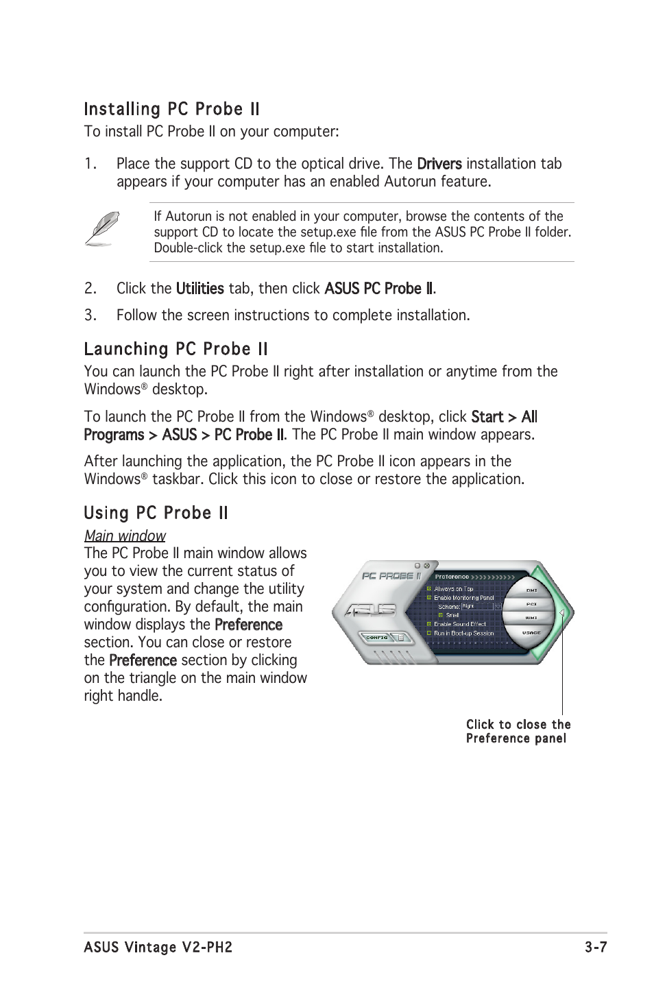 Installing pc probe ii, Launching pc probe ii, Using pc probe ii | Asus V2-PH2 User Manual | Page 47 / 102