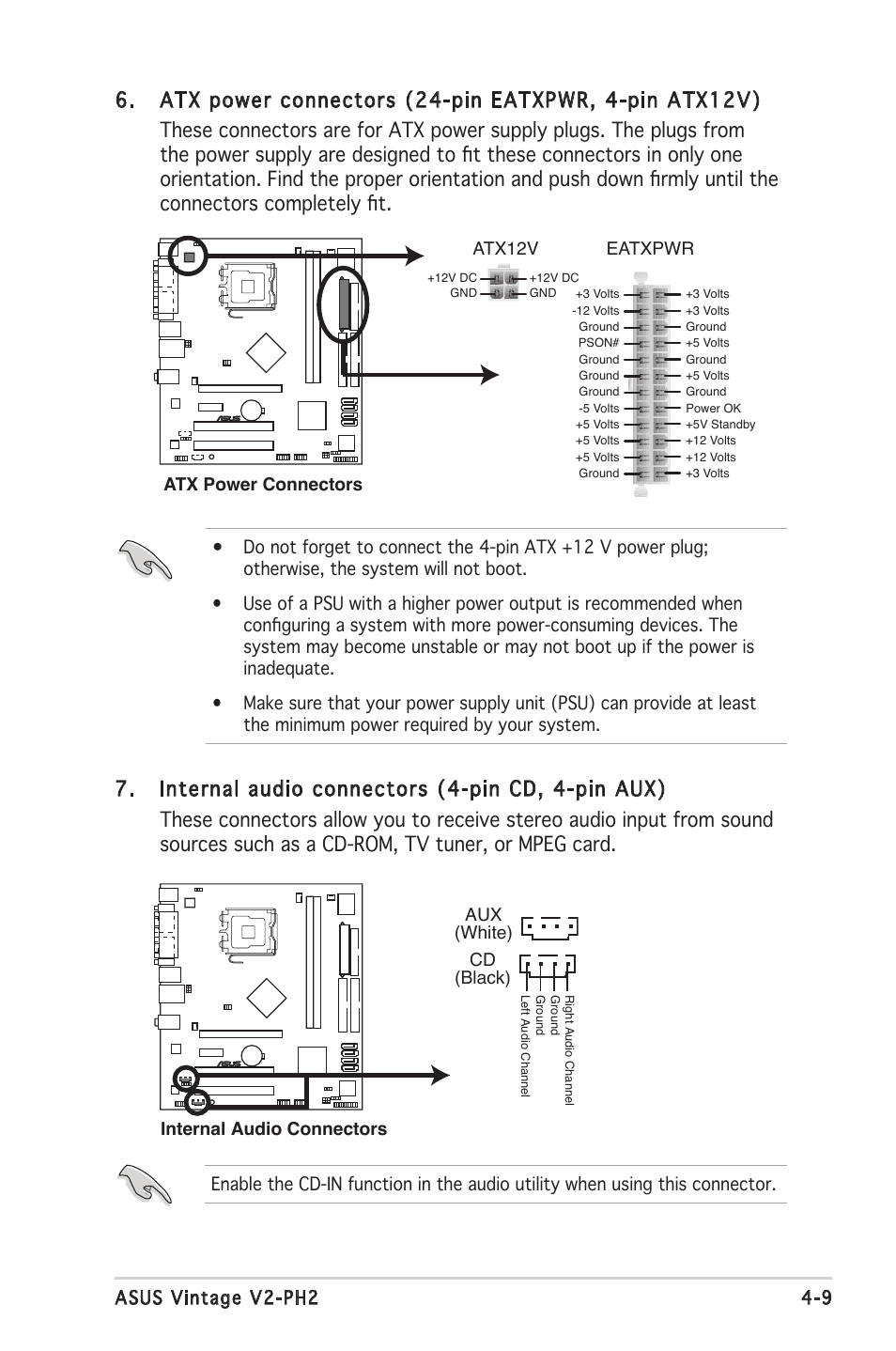 9 asus vintage v2-ph2, Atx power connectors eatxpwr atx12v | Asus V2-PH2 User Manual | Page 61 / 102