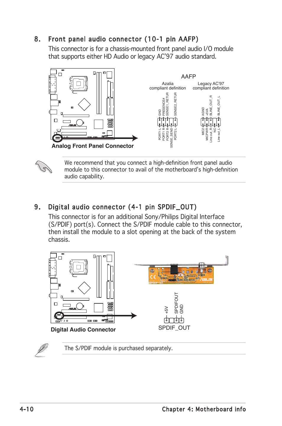 10 chapter 4: motherboard info, The s/pdif module is purchased separately, Digital audio connector | Spdif_out analog front panel connector aafp | Asus V2-PH2 User Manual | Page 62 / 102