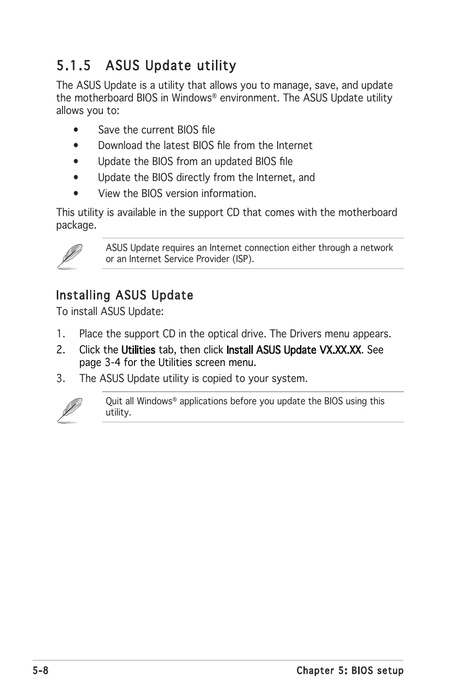 5 asus update utility, Installing asus update | Asus V2-PH2 User Manual | Page 72 / 102