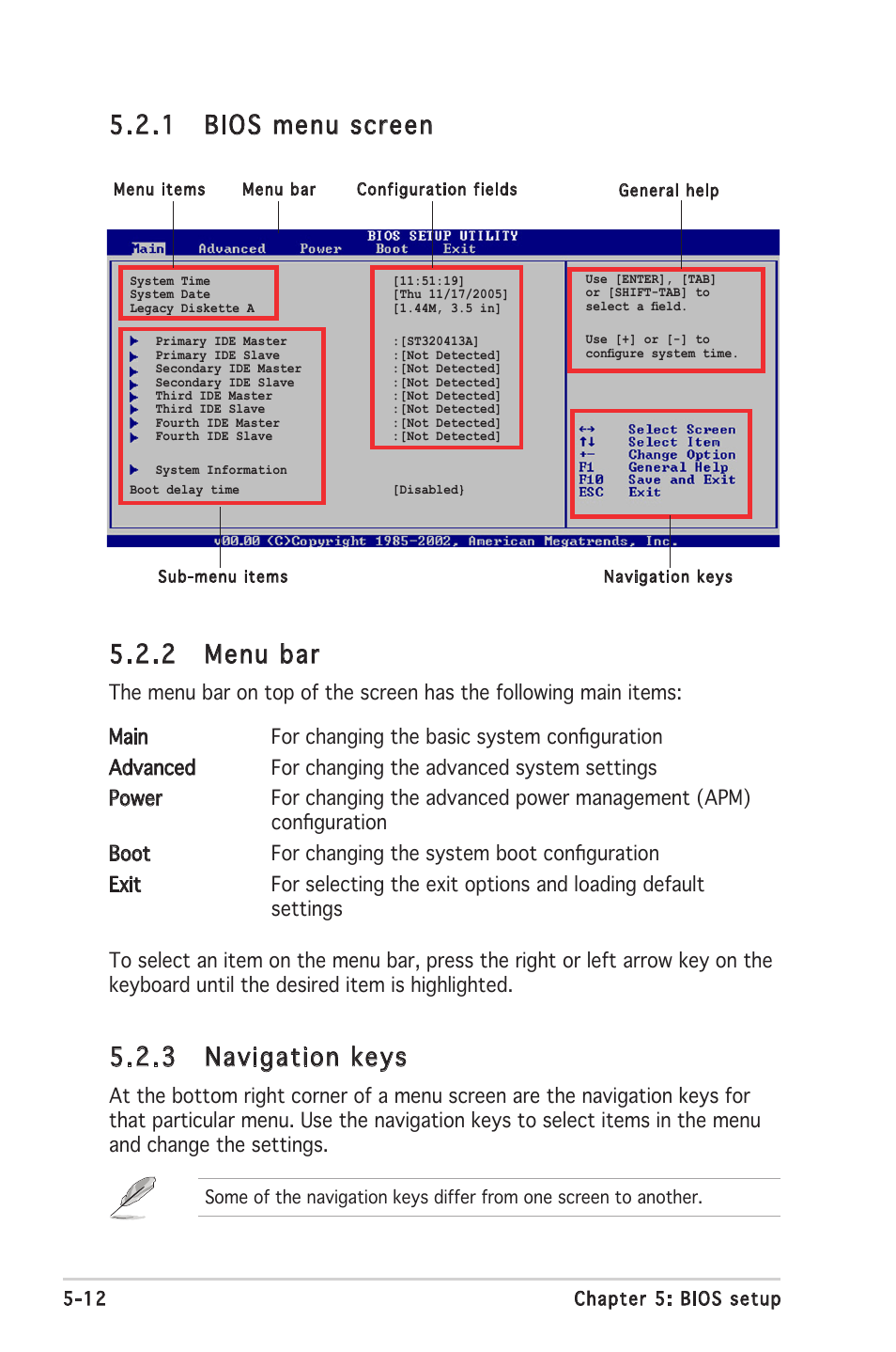 2 menu bar, 1 bios menu screen, 3 navigation keys | Asus V2-PH2 User Manual | Page 76 / 102