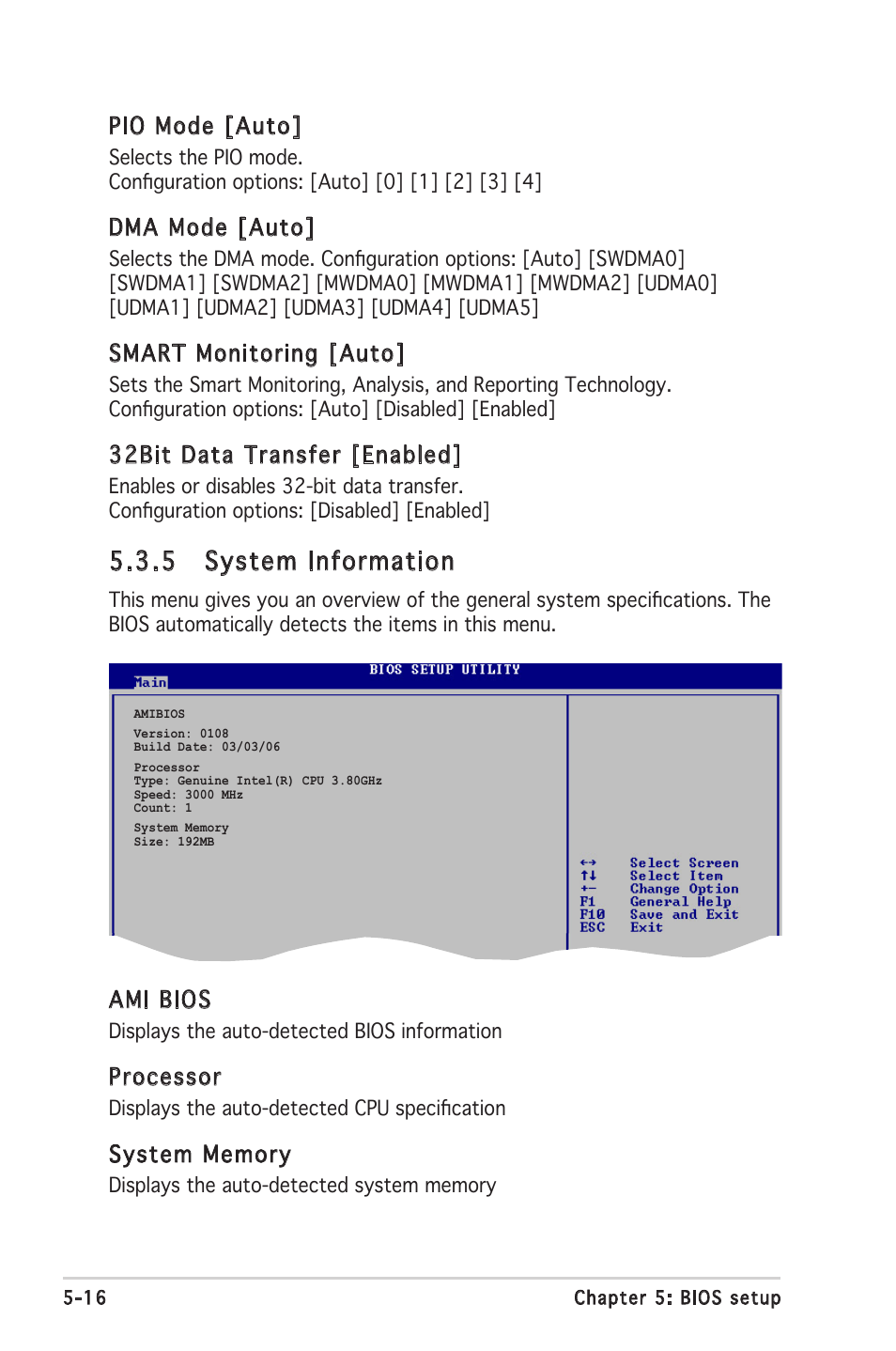 5 system information, Ami bios, Processor | Pio mode [auto, Dma mode [auto, Smart monitoring [auto, 32bit data transfer [enabled | Asus V2-PH2 User Manual | Page 80 / 102