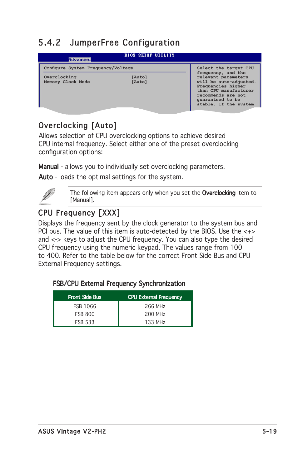 2 jumperfree configuration, Overclocking [auto, Cpu frequency [xxx | Fsb/cpu external frequency synchronization | Asus V2-PH2 User Manual | Page 83 / 102