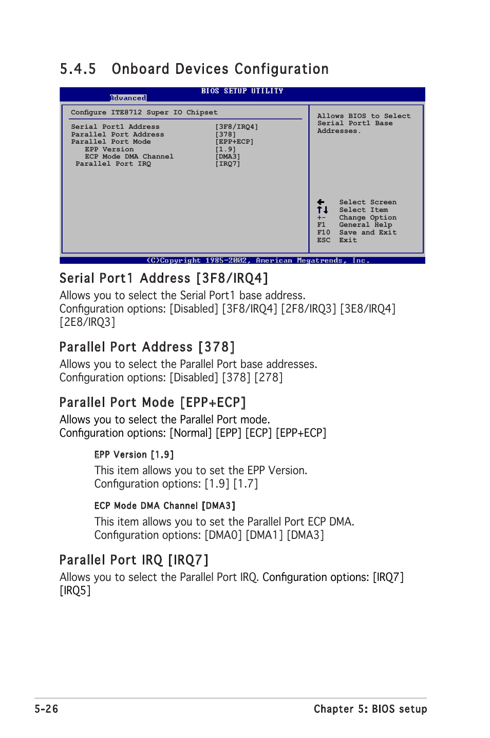 5 onboard devices configuration, Serial port1 address [3f8/irq4, Parallel port address [378 | Parallel port mode [epp+ecp, Parallel port irq [irq7 | Asus V2-PH2 User Manual | Page 90 / 102