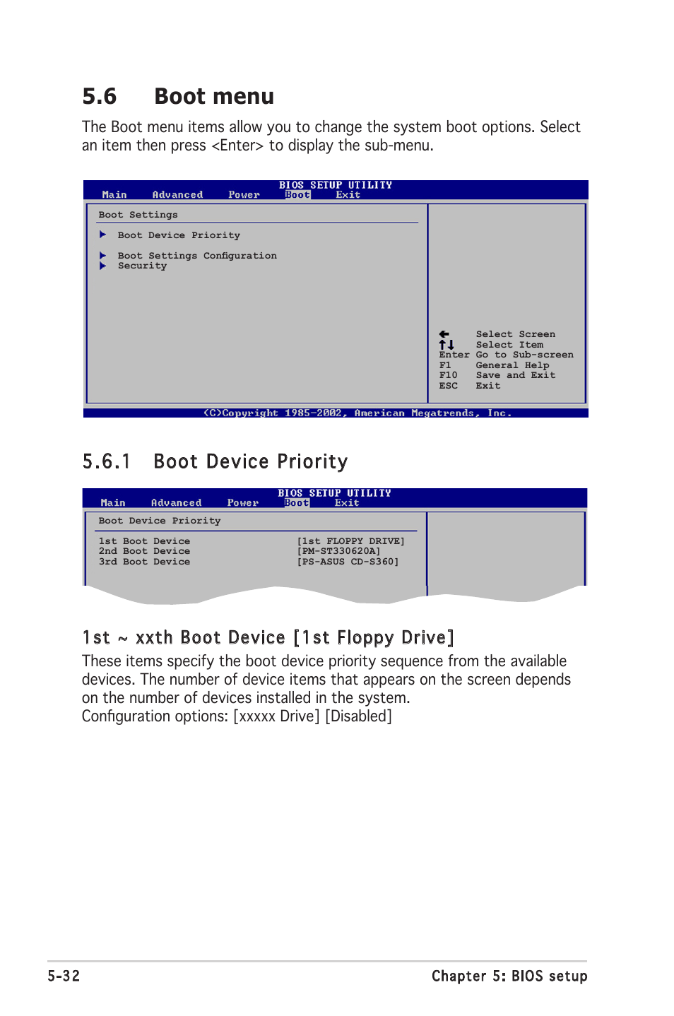 6 boot menu, 1 boot device priority, 1st ~ xxth boot device [1st floppy drive | Asus V2-PH2 User Manual | Page 96 / 102