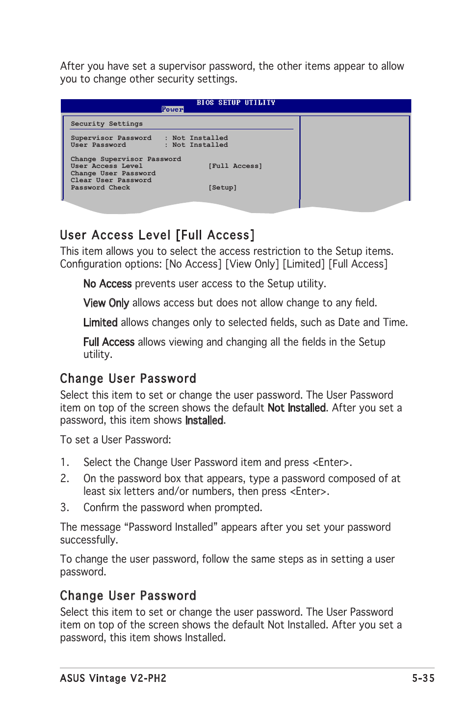 User access level [full access, Change user password | Asus V2-PH2 User Manual | Page 99 / 102