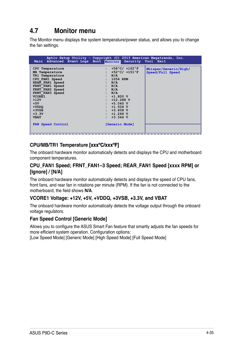 7 monitor menu, Monitor menu -35, Cpu/mb/tr1 temperature [xxx�c/xxx�f] [xxx�c/xxx�f | Fan speed control [generic mode | Asus P9D-C/4L User Manual | Page 101 / 160