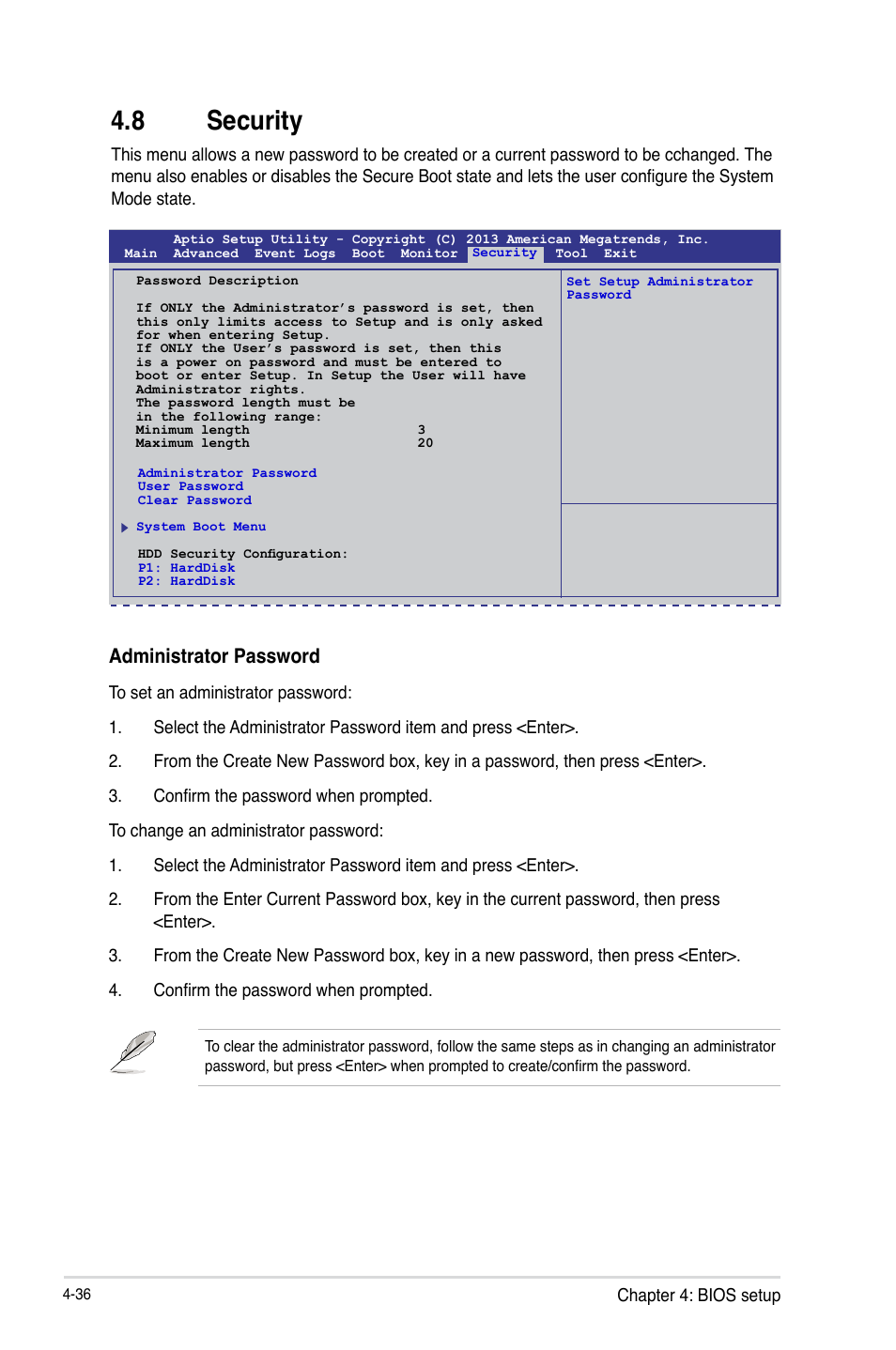 8 security, Security -36, Administrator password | Asus P9D-C/4L User Manual | Page 102 / 160