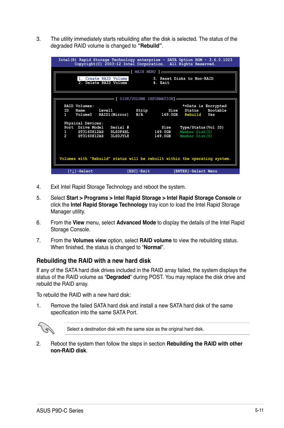 Rebuilding the raid with a new hard disk | Asus P9D-C/4L User Manual | Page 117 / 160