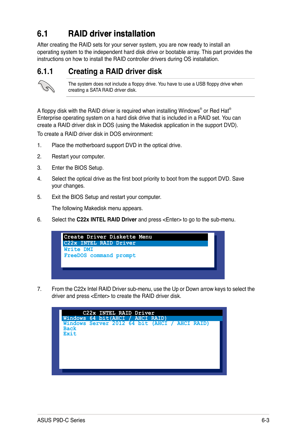 1 raid driver installation, Raid driver installation -3, 1 creating a raid driver disk | Asus P9D-C/4L User Manual | Page 127 / 160