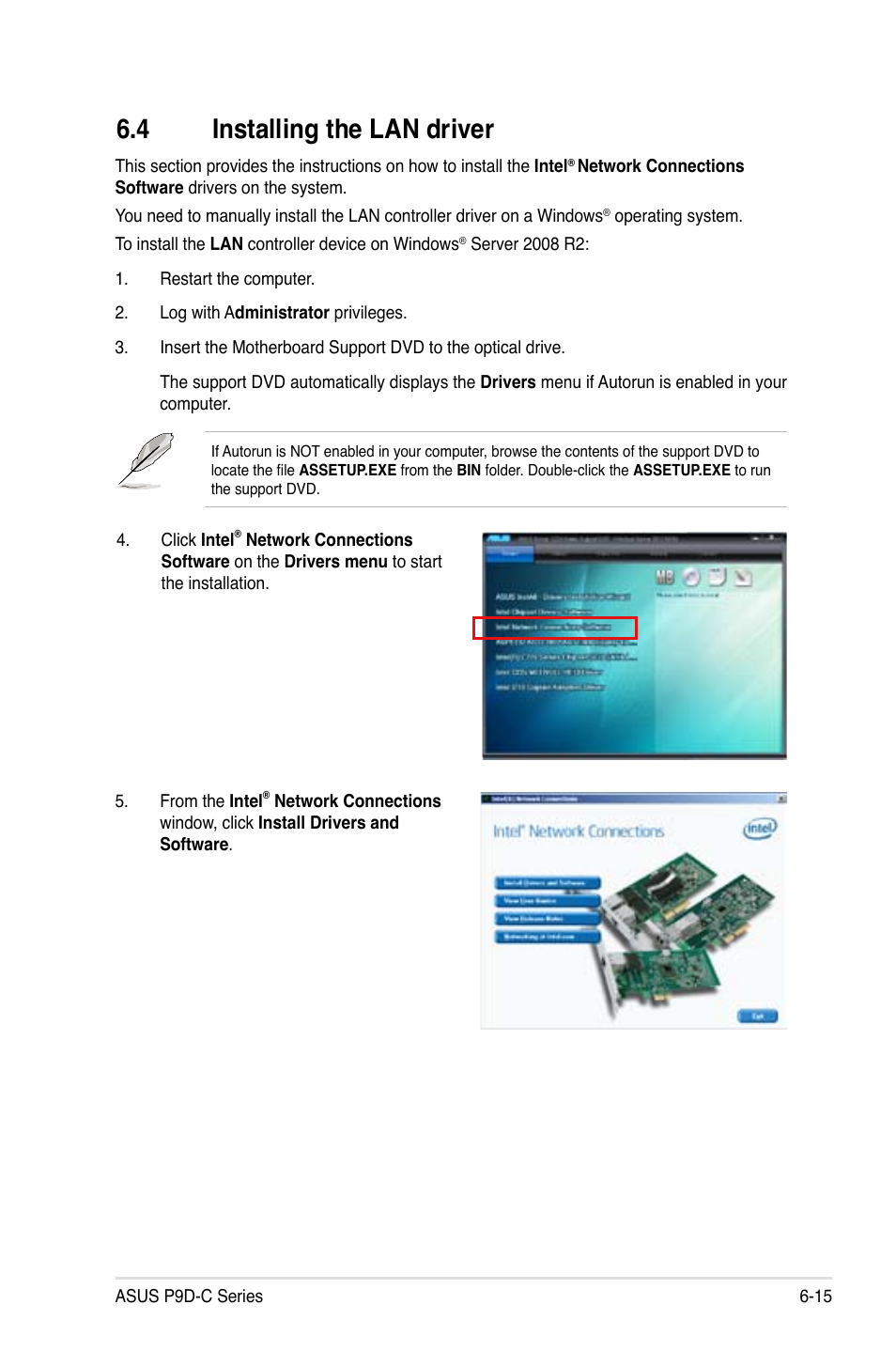 4 installing the lan driver, Installing the lan driver -15 | Asus P9D-C/4L User Manual | Page 139 / 160