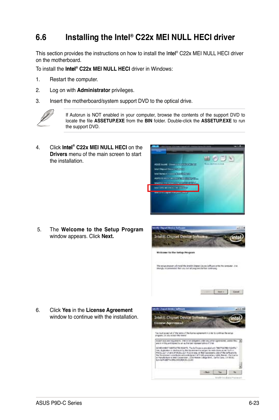 6 installing the intel® c22x mei null heci driver, Installing the intel, C22x mei null heci driver -23 | 6 installing the intel, C22x mei null heci driver | Asus P9D-C/4L User Manual | Page 147 / 160