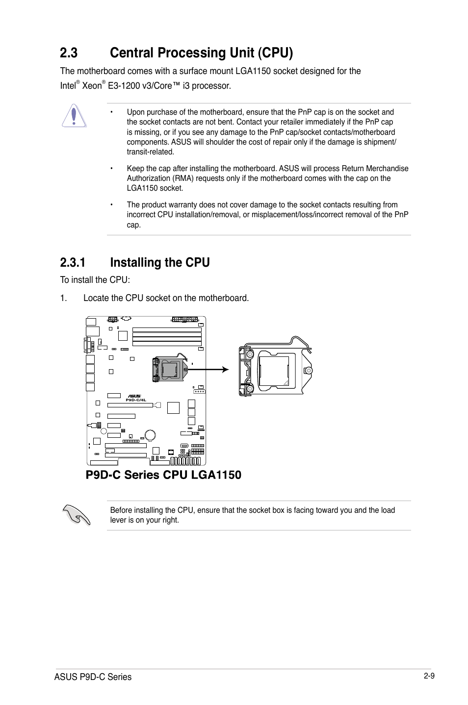 3 central processing unit (cpu), Central processing unit (cpu) -9, 1 installing the cpu | Asus P9D-C/4L User Manual | Page 29 / 160