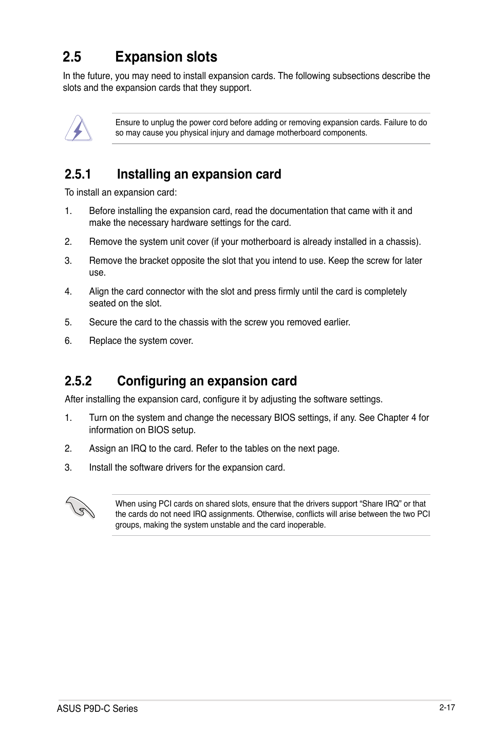 5 expansion slots, Expansion slots -17, 1 installing an expansion card | 2 configuring an expansion card | Asus P9D-C/4L User Manual | Page 37 / 160