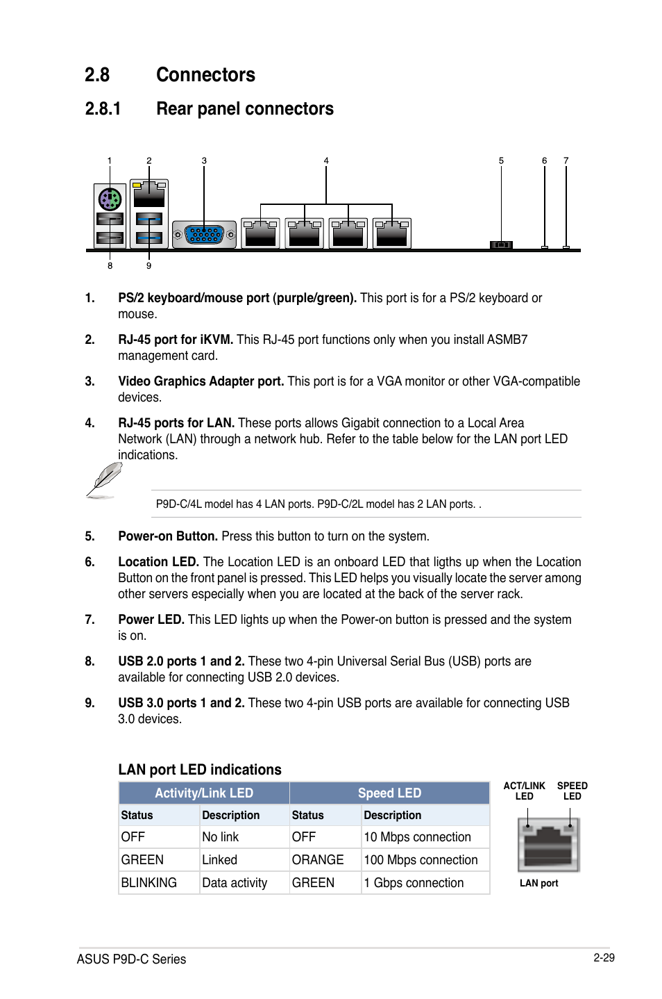 8 connectors, Connectors -29, 1 rear panel connectors | Asus P9D-C/4L User Manual | Page 49 / 160