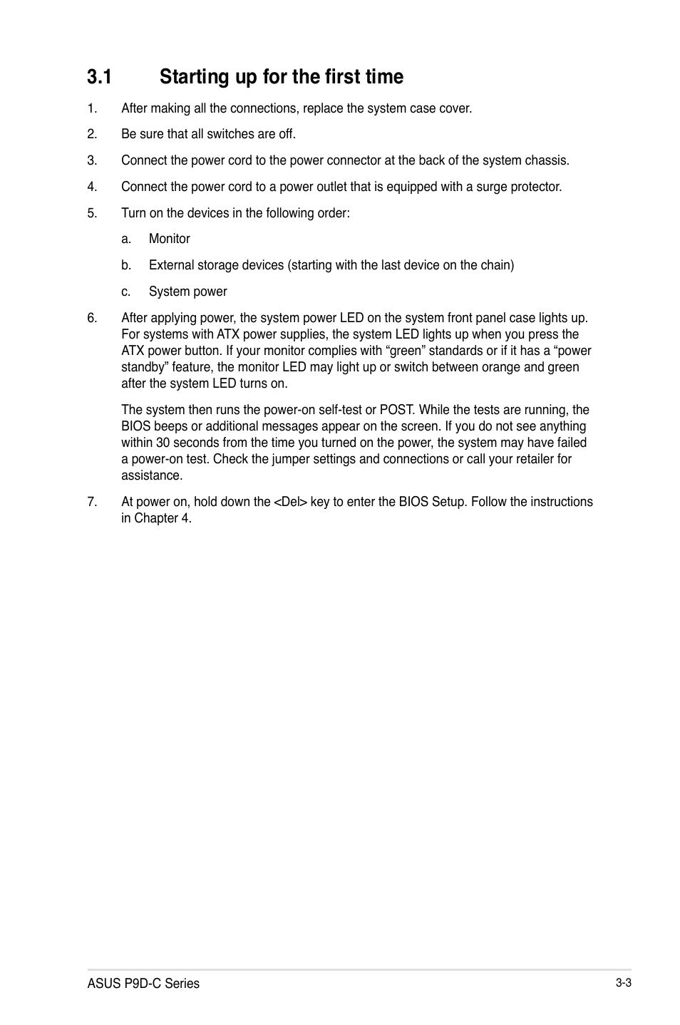 1 starting up for the first time, Starting up for the first time -3 | Asus P9D-C/4L User Manual | Page 65 / 160