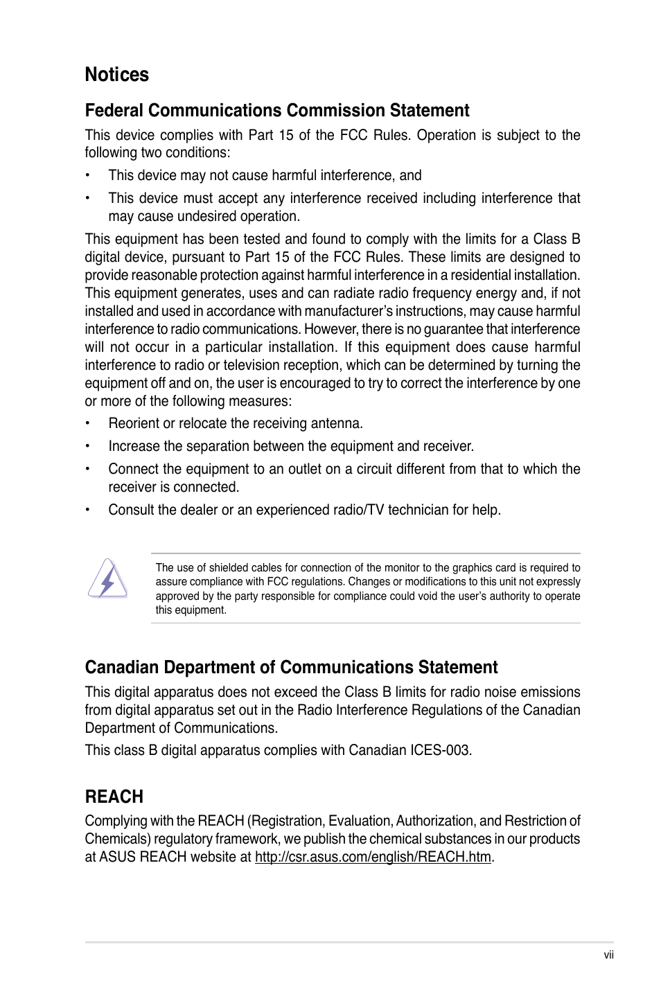 Notices, Federal communications commission statement, Canadian department of communications statement | Reach | Asus P9D-C/4L User Manual | Page 7 / 160