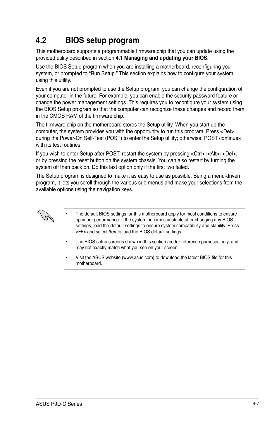 2 bios setup program, Bios setup program -7 | Asus P9D-C/4L User Manual | Page 73 / 160