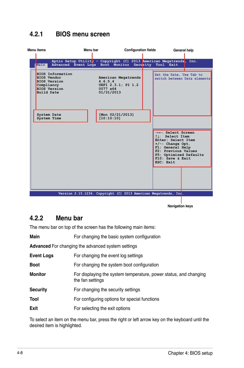 2 menu bar, 1 bios menu screen | Asus P9D-C/4L User Manual | Page 74 / 160