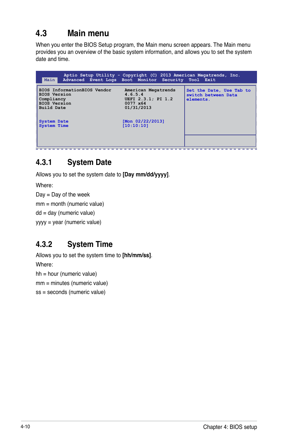 3 main menu, Main menu -10, 1 system date | 2 system time | Asus P9D-C/4L User Manual | Page 76 / 160