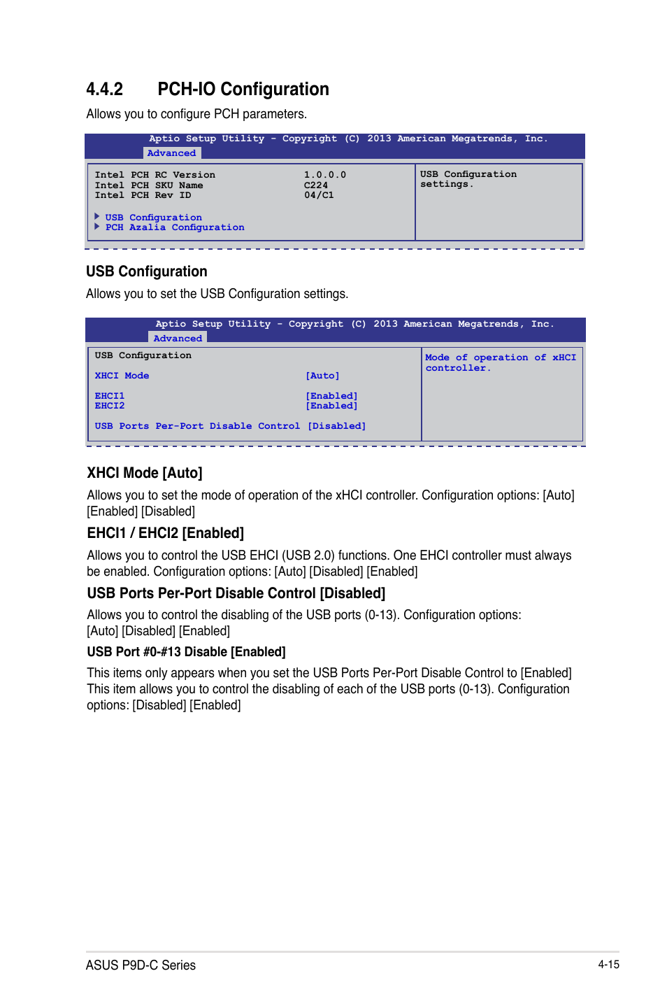 2 pch-io configuration, Usb configuration, Xhci mode [auto | Ehci1 / ehci2 [enabled, Usb ports per-port disable control [disabled | Asus P9D-C/4L User Manual | Page 81 / 160