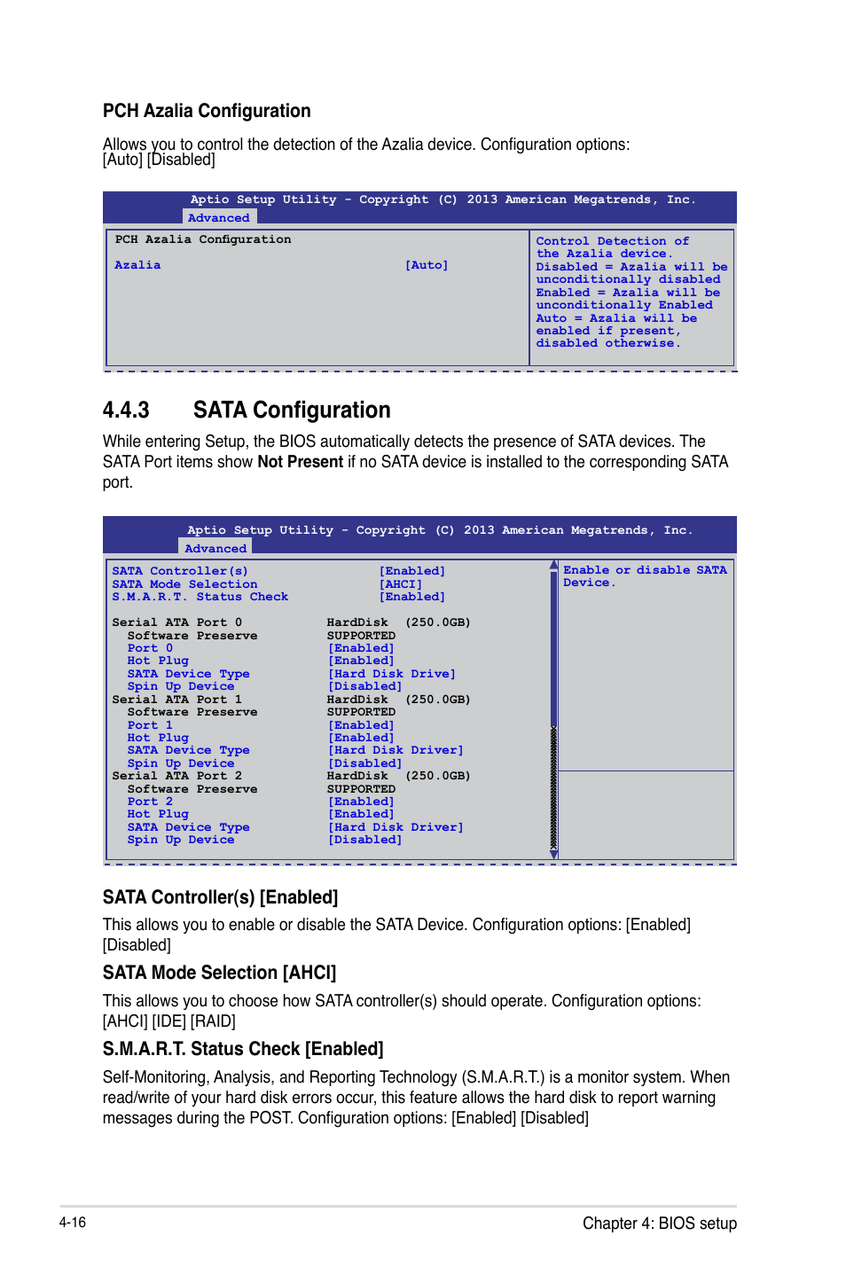 3 sata configuration, Sata controller(s) [enabled, Sata mode selection [ahci | S.m.a.r.t. status check [enabled, Pch azalia configuration | Asus P9D-C/4L User Manual | Page 82 / 160