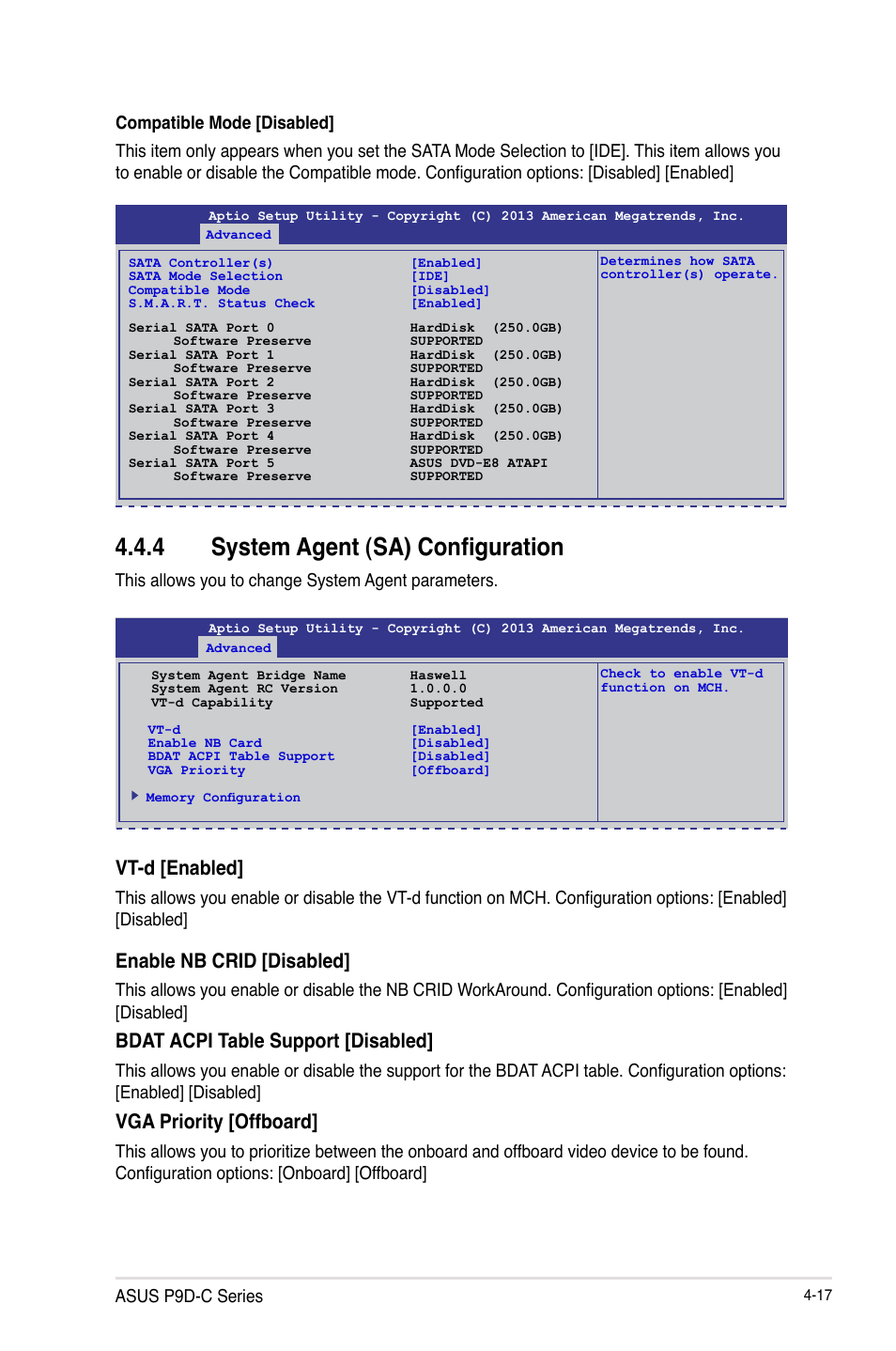 4 system agent (sa) configuration, Vt-d [enabled, Enable nb crid [disabled | Bdat acpi table support [disabled, Vga priority [offboard, Asus p9d-c series, This allows you to change system agent parameters | Asus P9D-C/4L User Manual | Page 83 / 160