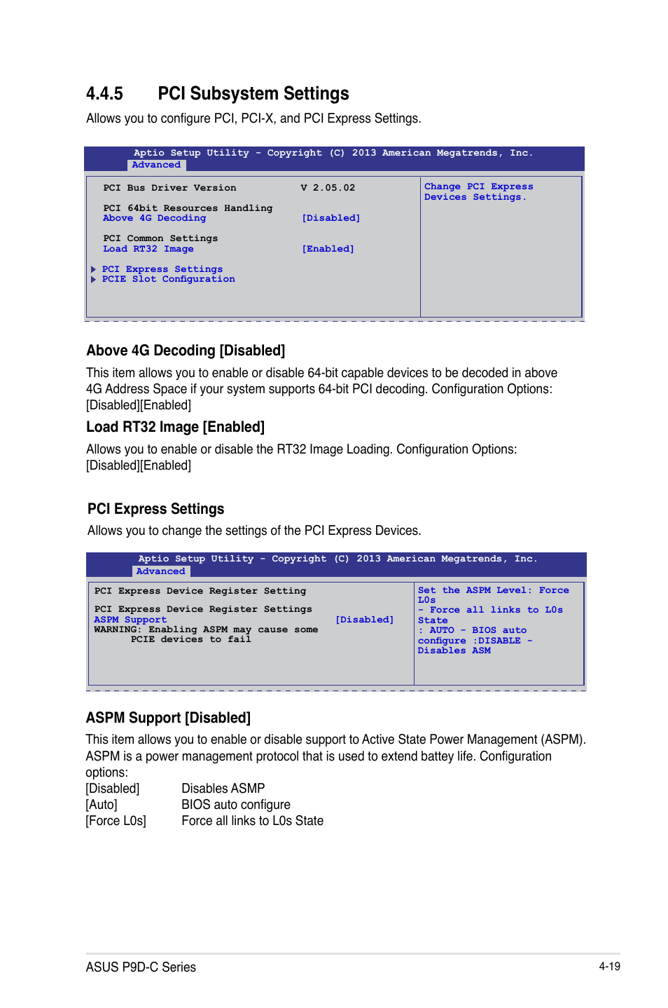 5 pci subsystem settings, Above 4g decoding [disabled, Load rt32 image [enabled | Pci express settings, Aspm support [disabled | Asus P9D-C/4L User Manual | Page 85 / 160