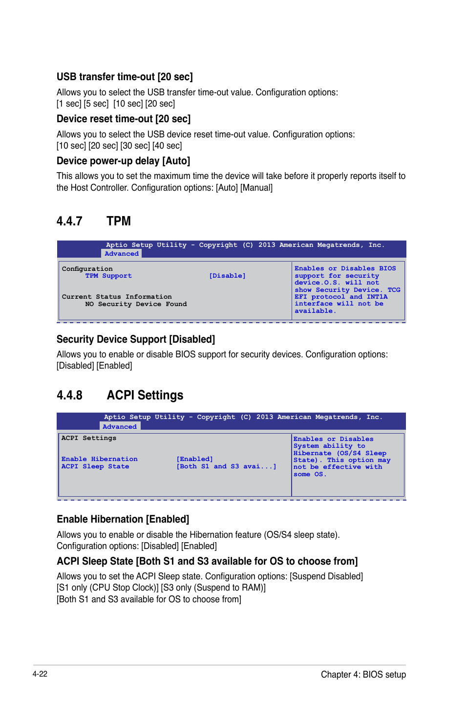 7 tpm, 8 acpi settings, Security device support [disabled | Usb transfer time-out [20 sec, Device reset time-out [20 sec, Device power-up delay [auto, Enable hibernation [enabled | Asus P9D-C/4L User Manual | Page 88 / 160