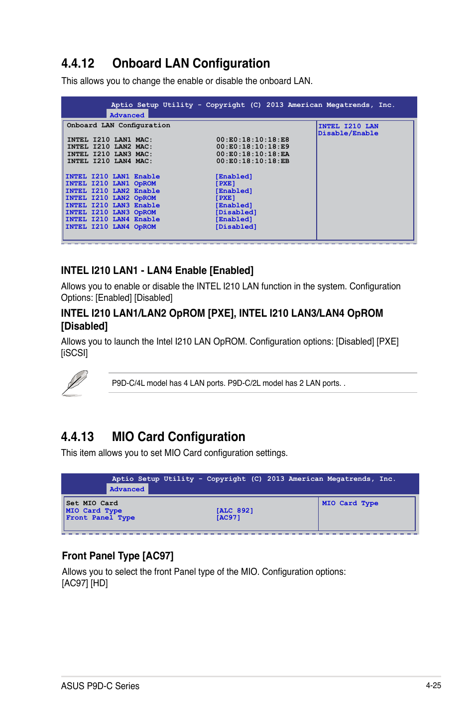 12 onboard lan configuration, 13 mio card configuration, Front panel type [ac97 | Asus P9D-C/4L User Manual | Page 91 / 160