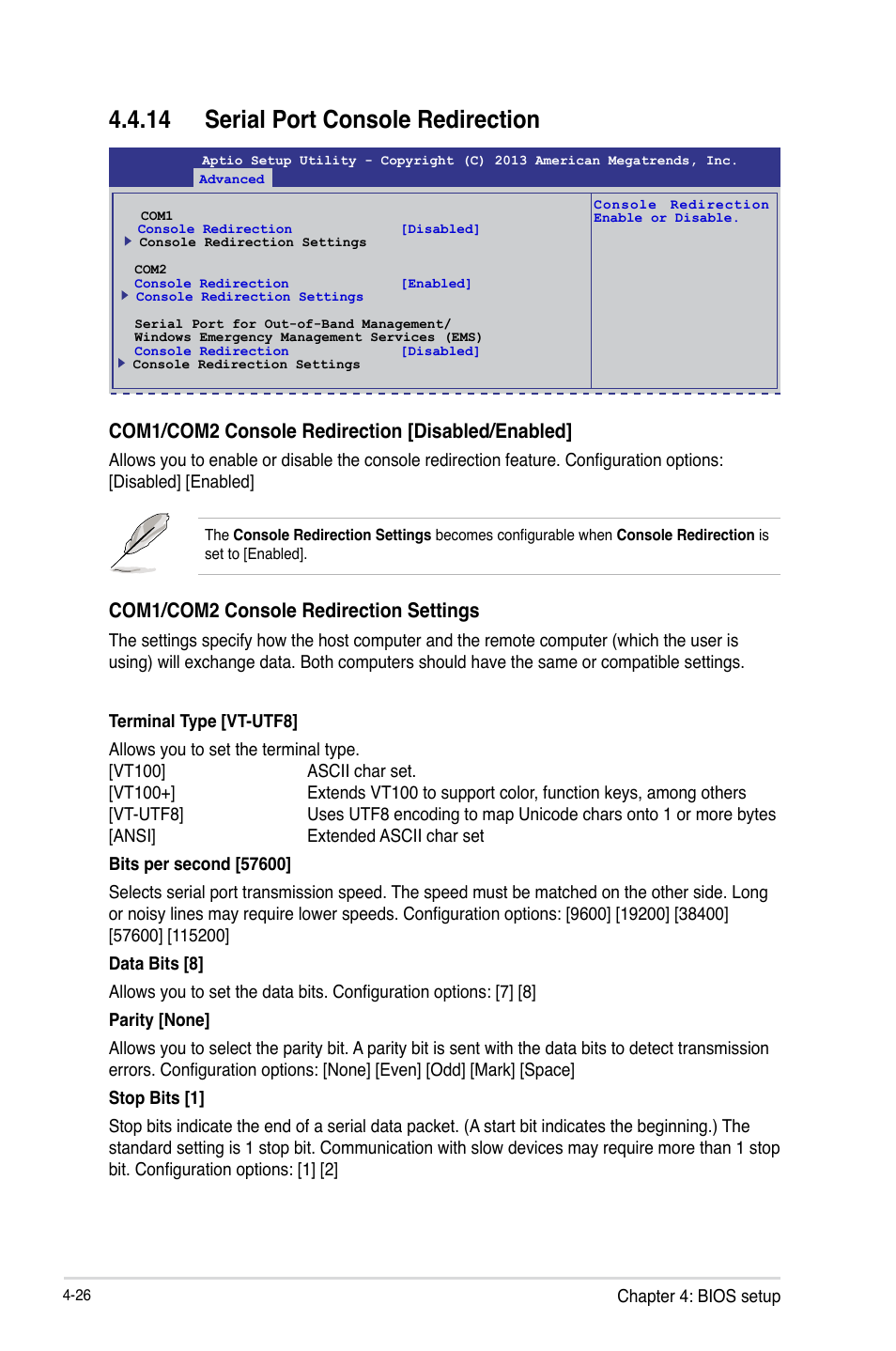 14 serial port console redirection, Com1/com2 console redirection [disabled/enabled, Com1/com2 console redirection settings | Asus P9D-C/4L User Manual | Page 92 / 160