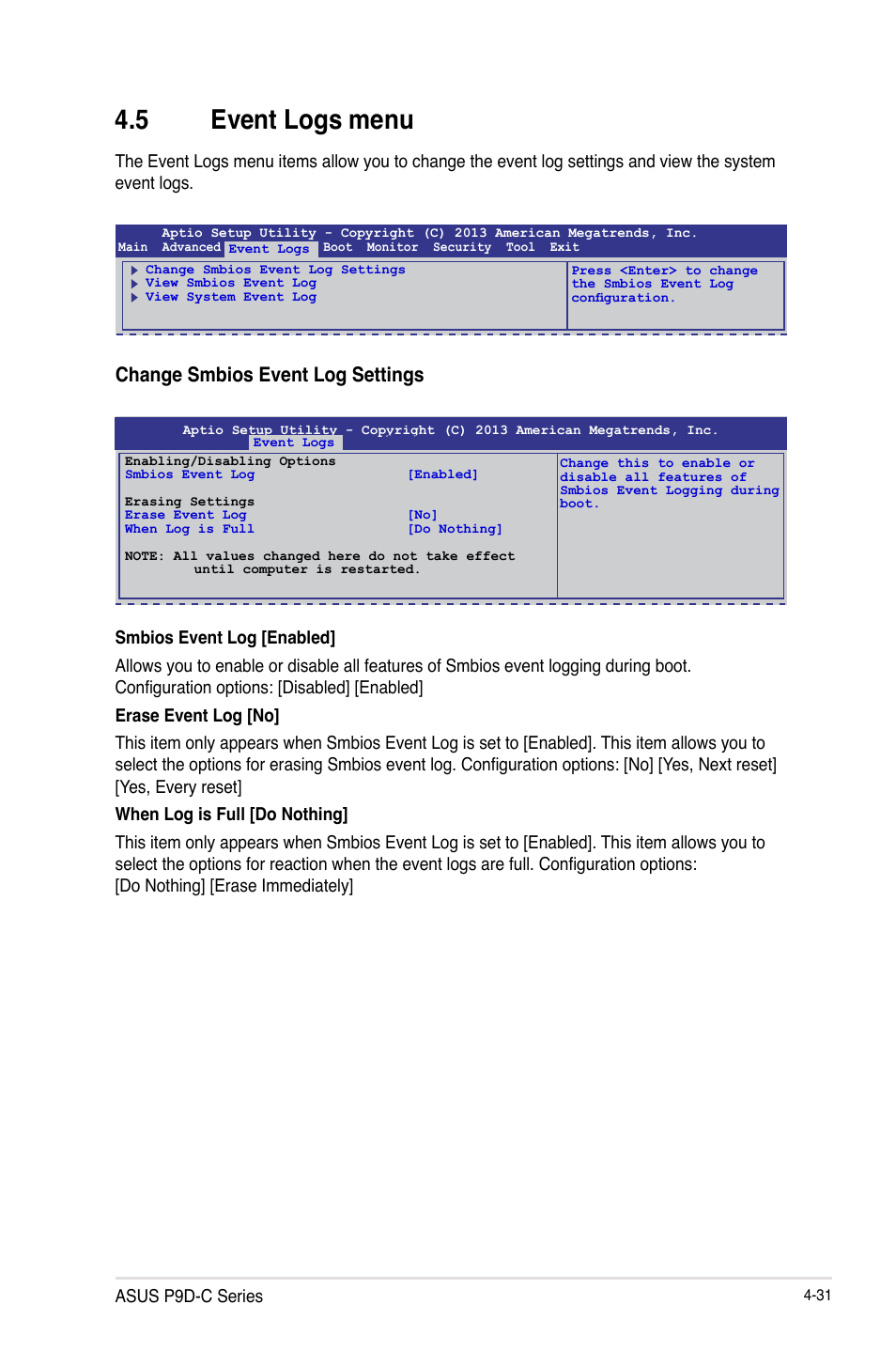 5 event logs menu, Event logs menu -31, Change smbios event log settings | Asus P9D-C/4L User Manual | Page 97 / 160