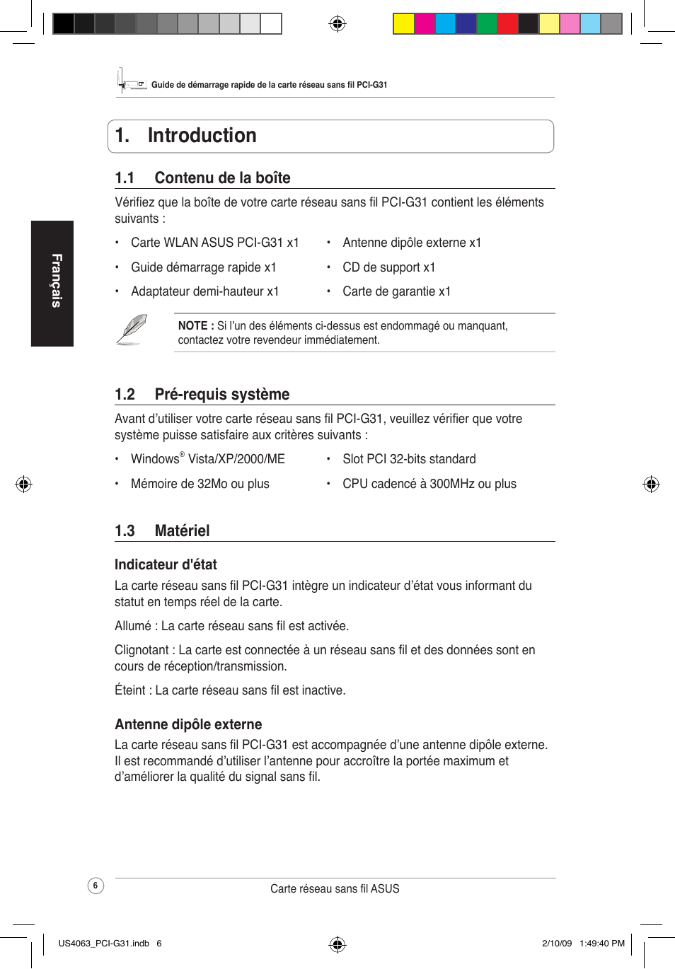  introduction, 2 pré-requissystème, 1 contenudelaboîte | 3 matériel | Asus PCI-G31 User Manual | Page 10 / 19