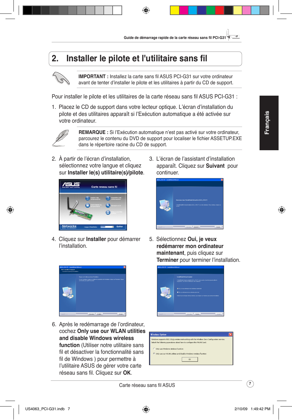 Installer le pilote et l'utilitaire sans fil | Asus PCI-G31 User Manual | Page 11 / 19