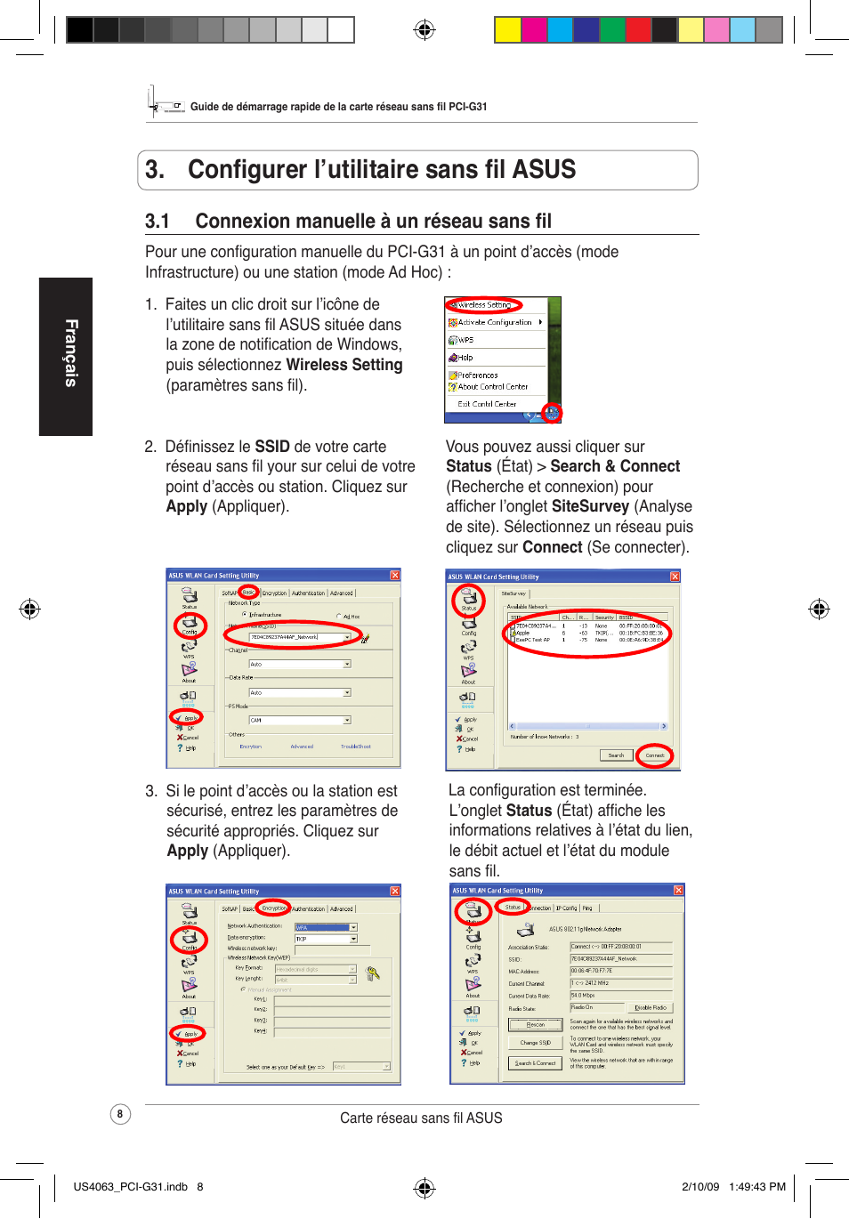 Configurer l’utilitaire sans fil asus, 1 connexion manuelle à un réseau sans fil | Asus PCI-G31 User Manual | Page 12 / 19