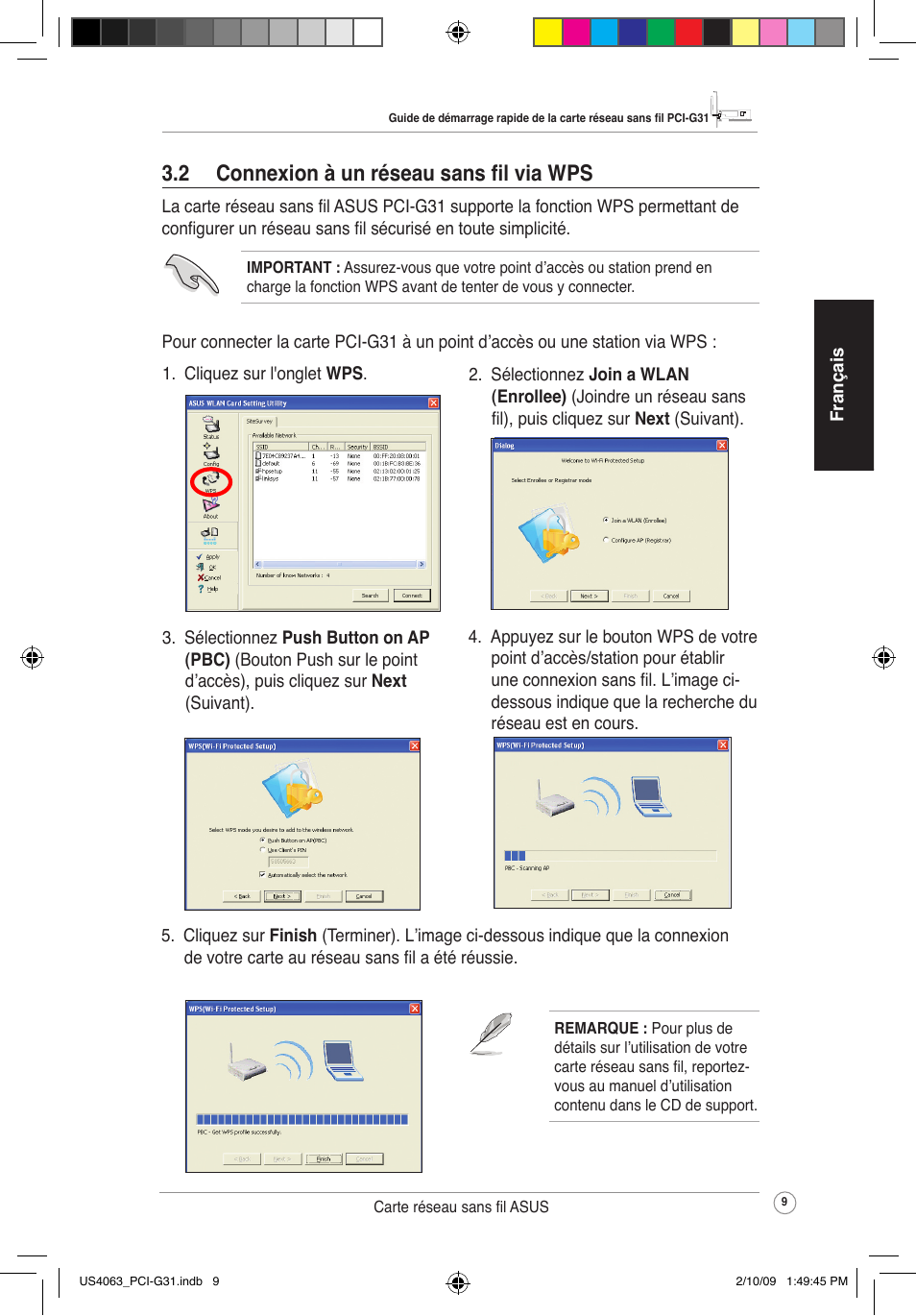 2 connexion à un réseau sans fil via wps | Asus PCI-G31 User Manual | Page 13 / 19