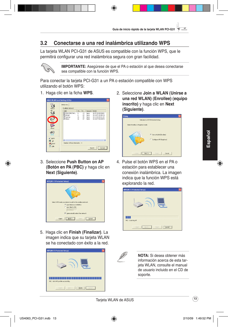 2 conectarseaunaredinalámbricautilizandowps | Asus PCI-G31 User Manual | Page 17 / 19