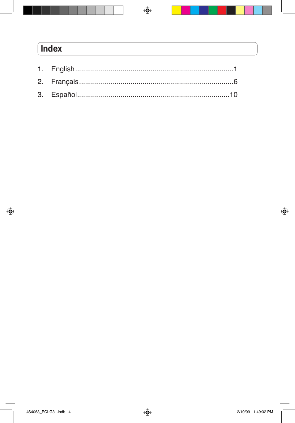 Index, English 2. français 3. español | Asus PCI-G31 User Manual | Page 4 / 19