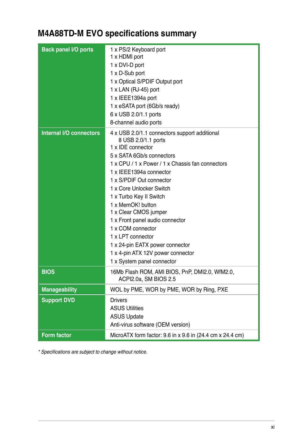 M4a88td-m evo specifications summary | Asus M4A88TD-M EVO/USB3 User Manual | Page 11 / 80