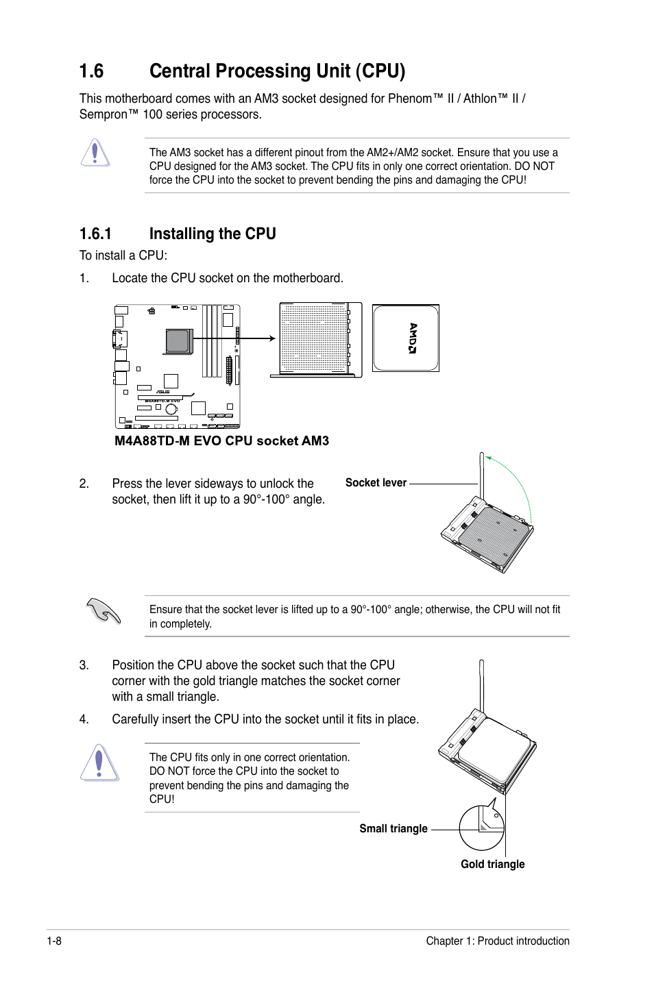 6 central processing unit (cpu), 1 installing the cpu, Central processing unit (cpu) -8 1.6.1 | Installing the cpu -8 | Asus M4A88TD-M EVO/USB3 User Manual | Page 20 / 80