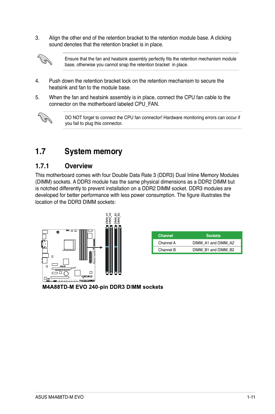 7 system memory, 1 overview, System memory -11 1.7.1 | Overview -11 | Asus M4A88TD-M EVO/USB3 User Manual | Page 23 / 80