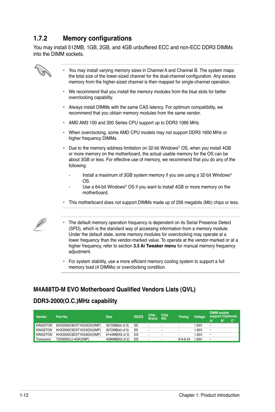 2 memory configurations, Memory configurations -12 | Asus M4A88TD-M EVO/USB3 User Manual | Page 24 / 80