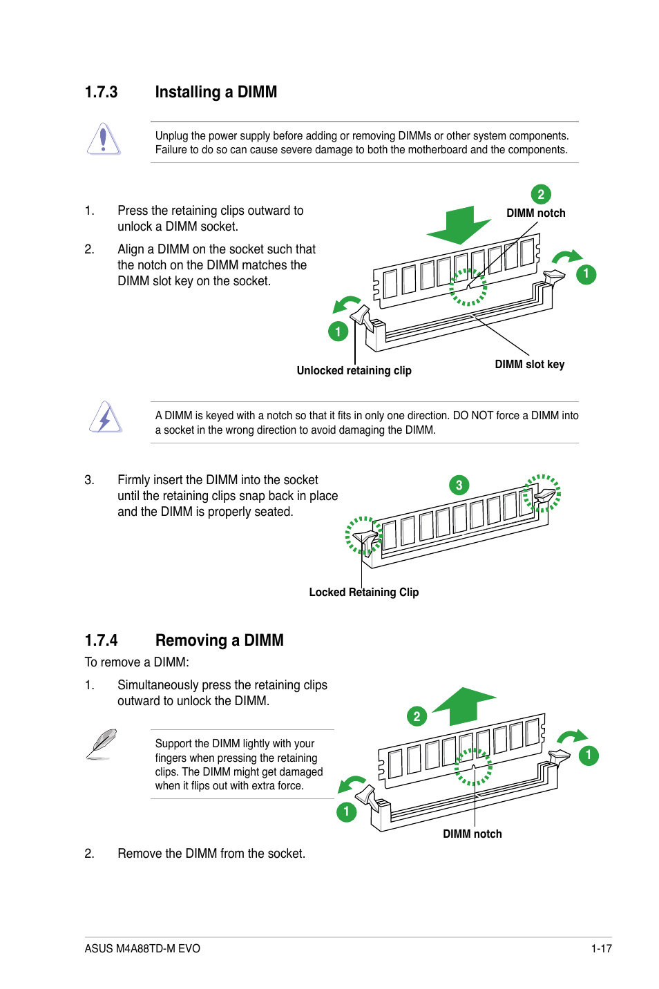 3 installing a dimm, 4 removing a dimm, Installing a dimm -17 | Removing a dimm -17 | Asus M4A88TD-M EVO/USB3 User Manual | Page 29 / 80