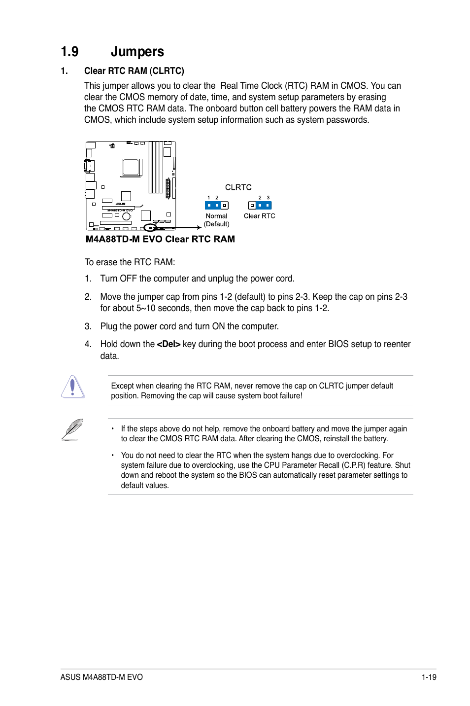 9 jumpers, Jumpers -19 | Asus M4A88TD-M EVO/USB3 User Manual | Page 31 / 80