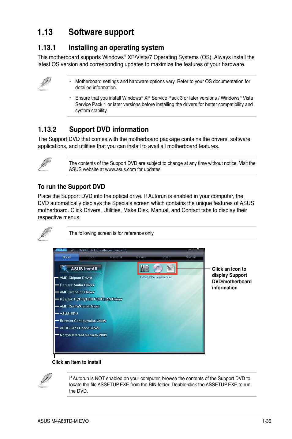 13 software support, 1 installing an operating system, 2 support dvd information | 13 software support -35 | Asus M4A88TD-M EVO/USB3 User Manual | Page 47 / 80
