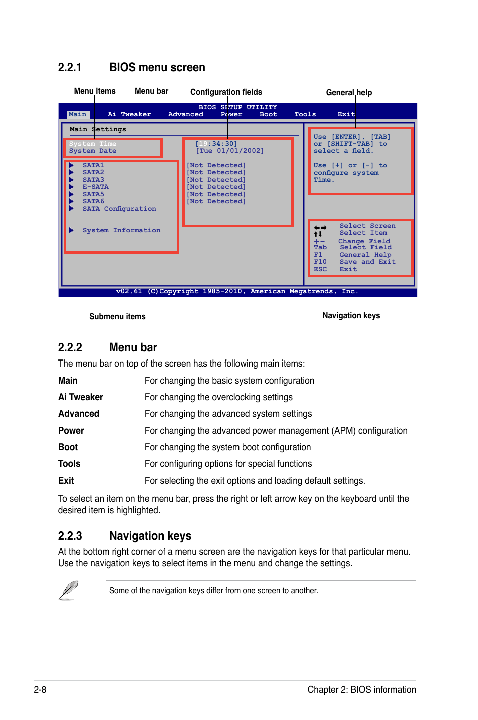 1 bios menu screen, 2 menu bar, 3 navigation keys | Bios menu screen -8, Menu bar -8, Navigation keys -8, 1 bios menu screen 2.2.2 menu bar | Asus M4A88TD-M EVO/USB3 User Manual | Page 56 / 80