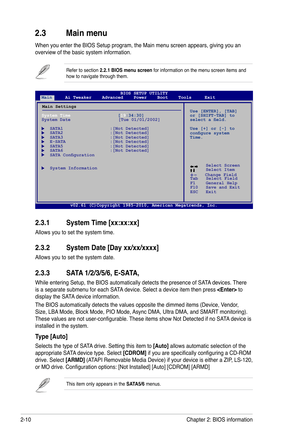 3 main menu, 1 system time, 2 system date | 3 sata 1/2/3/5/6, e-sata, Main menu -10 2.3.1, System time -10, System date -10, Sata 1/2/3/5/6, e-sata, -10, 1 system time [xx:xx:xx, Type [auto | Asus M4A88TD-M EVO/USB3 User Manual | Page 58 / 80